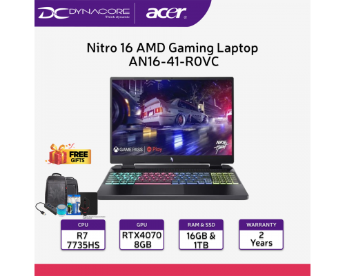 ["FREE 24HRS DELIVERY"] - ACER Nitro 16 AMD Gaming Laptop | AN16-41-R0VC with NVIDIA® GeForce® RTX4070 | 16" | Ryzen™ 7 7735HS | 16GB | 1TB SSD | WIN 11 HOME - NH.QKDSG.002