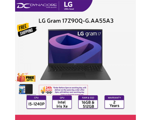 ["FREE 24HRS DELIVERY"] -  LG Gram 17Z90Q-G.AA55A3 BLACK (i5-1240P | 16GB | 512GB SSD | 17" WQXGA+ 16:10 IPS | Intel® Iris® Xe Graphics | WIN 11 HOME) 2YEARS WARRANTY    -17Z90Q-G.AA55A3
