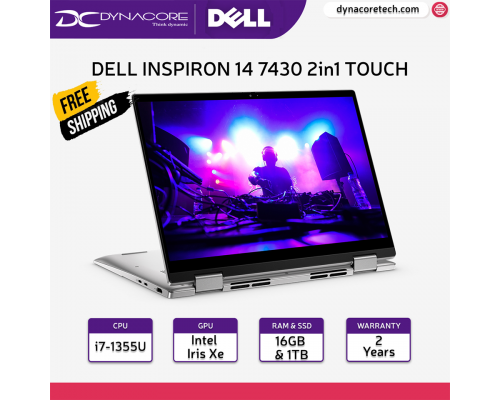 ["FREE 24HRS DELIVERY"] -  DELL INSPIRON 14 7430 2in1 TOUCH (NEW 13th GEN i7-1355U 10CORE/16GB RAM-LPDDR5 / 1TB SSD /INTE Xe/14" FHD+TOUCH SCREEN WITH DELL STYLUS PEN /WIN11H) 2YEARS ONSITE WARRANTY BY DELL - 7430-13511SG-W11-2Y-2IN1