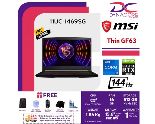MSI Thin GF63 11UC-1469SG Gaming Laptop (Intel Core i7-11800H - RTX3050-4GB Max-Q - 16GB DDR4 - 15.6" FHD 144Hz - 512GB SSD- Win11 Home- 1Year Warranty By MSI - 9S7-16R612-1469