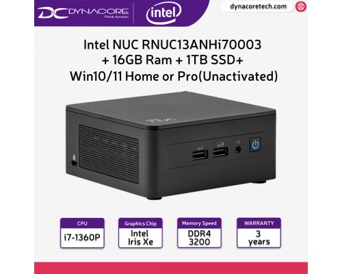 Intel NUC RNUC13ANHi70003 NUC 13 PRO KIT BAREBONE (New 13th gen i7-1360P 18MB cache upto 5.0Ghz, DDR4 3200Mhz x2, M.2 NVMe + 2.5" SSD or HDD IRIS Xe, NO CORD) 3YRS + 16GB Ram + 1TB SSD + Windows10/11 Home or Pro(Unactivated) - 5032037268066