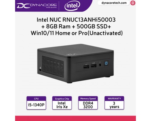 Intel NUC RNUC13ANHi50003 NUC 13 PRO KIT BAREBONE (New 13th gen i5-1340P 12MB cache upto 4.6Ghz, DDR4 3200Mhz x2, M.2 NVMe + 2.5" SSD or HDD IRIS Xe, NO CORD) 3YRS + 8GB Ram + 500GB SSD+ Windows10/11 Home or Pro(Unactivated) - 5032037267946
