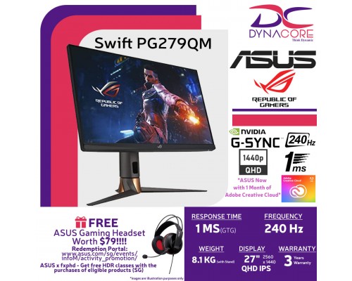 ASUS ROG SWIFT 240Hz PG279QM Gaming Monitor 27 inch QHD (2560 x 1440), 240 Hz, Fast IPS, 1 ms (GTG), DisplayHDR™ 400 (3YEARS WARRANTY)  -ASUSPG279QM