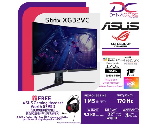 ASUS ROG Strix XG32VC Gaming Monitor – 31.5 inch WQHD (2560 x 1440), 170Hz* (Above 144Hz), 1ms MPRT, Extreme Low Motion Blur Sync, 125% sRGB, FreeSync Premium Pro, DisplayHDR™ 400  - ASUSXG32VC