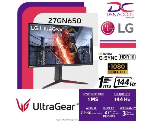 LG 27GN650-B Ultragear Monitor 27” FHD (1920 x 1080) IPS Display, 144Hz Refresh Rate, NVIDIA G-SYNC, AMD FreeSync Premium, Tilt/Height/Pivot Adjustable Stand - black   -LG27GN650-B