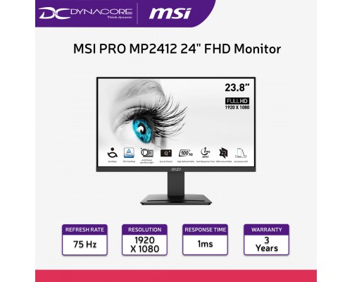 ["FREE DELIVERY"] - MSI PRO MP2412 24" FHD Monitor - 1920 x 1080, FreeSync, 100Hz, TUV Certified Eyesight Protection, 1ms, DP, HDMI, Black - MSIMP2412