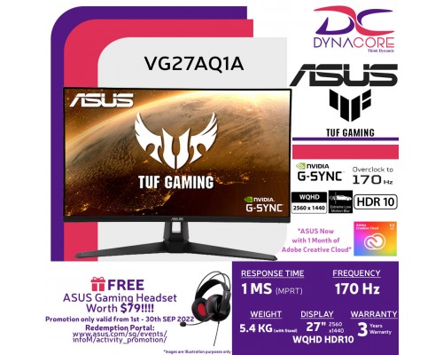 ASUS TUF Gaming VG27AQ1A G-SYNC Compatible Gaming Monitor – 27 inch WQHD (2560 x 1440), IPS, 170Hz (Above 144Hz), 1ms MPRT, Extreme Low Motion Blur, G-SYNC Compatible, HDR 10