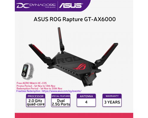 ["FREE DELIVERY"] - ASUS ROG Rapture GT-AX6000 Dual-Band WiFi 6 (802.11ax) Gaming Router, Dual 2.5G ports, enhanced hardware, WAN aggregation, VPN Fusion, AiMesh support -4711081394563