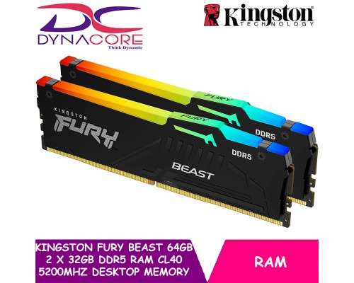 Kingston FURY Beast 64GB 2 x 32GB DDR5 RAM CL40 5200MHz Desktop Memory Kit KF552C40BBAK2-64 - 740617328578