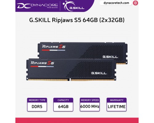 G.SKILL Ripjaws S5 64GB (2x32GB) DDR5 6000MHz CL32 Desktop Memory Kit F5-6000J3238G32GX2-RS5K - 4713294232182