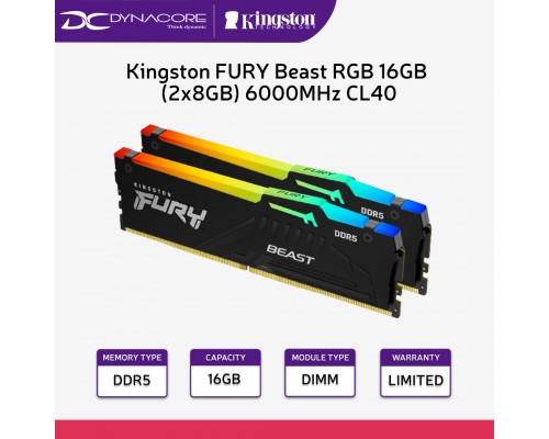 Kingston FURY Beast RGB 16GB (2x8GB) 6000MHz DDR5 AMD EXPO CL40 Desktop Memory Kit KF560C40BBAK2-16 Black - 740617328530