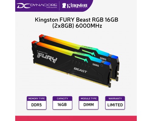 Kingston FURY Beast RGB 16GB (2x8GB) 6000MHz DDR5 AMD CL36 Desktop Memory Kit KF560C36BBEAK2-16 Black - 740617331905