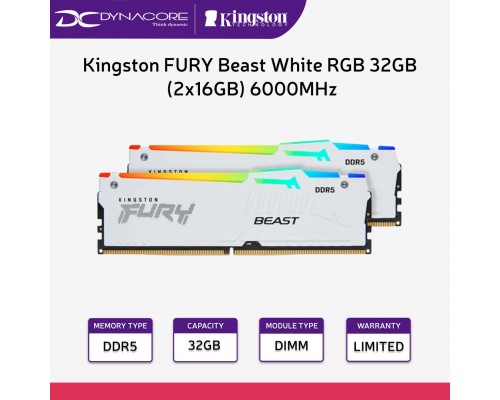 Kingston FURY Beast White RGB 32GB (2x16GB) 6000MHz DDR5 CL36 AMD EXPO Desktop Memory Kit - 740617333664