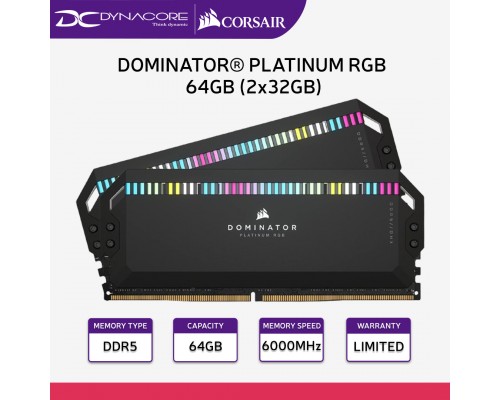 Corsair DOMINATOR PLATINUM RGB 64GB (2x32GB) DDR5 DRAM 6000MHz CL30 AMD EXPO Memory / RAM Kit - Black - 840006672470