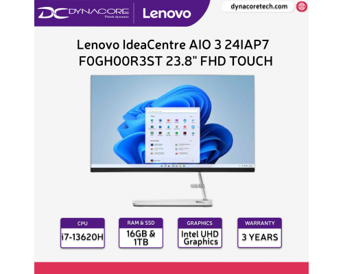 [Pre-Order 2Weeks] Lenovo IdeaCentre AIO 3 24IAP7 | F0GH00R3ST | 23.8" FHD (1920x1080) IPS 250nits Anti-glare, Touch | i7-13620H | Intel UHD Graphics | 16GB DDR4 | 1TB SSD | Win11 Home | 3YEARS Premium Care -