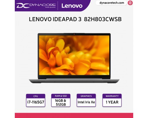 LENOVO IDEAPAD 3 82H803CWSB (i7-1165G7 / 16GB / 512GB SSD / IRIS Xe / 15.6"FHD / WIN 11 HOME) 1YEAR WARRANTY - 82H803CWSB
