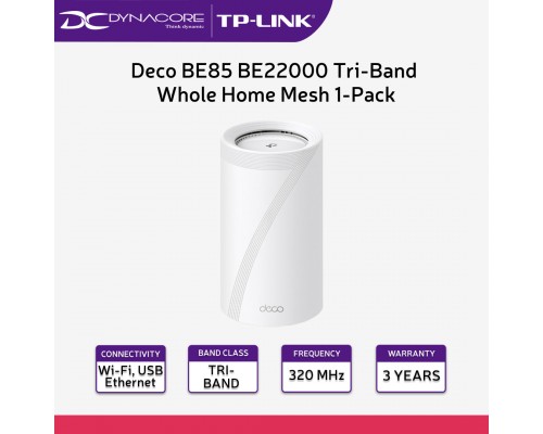 TP-Link Deco BE85 BE22000 Tri-Band Whole Home Mesh WiFi 7 System 1-Pack - 4897098686942
