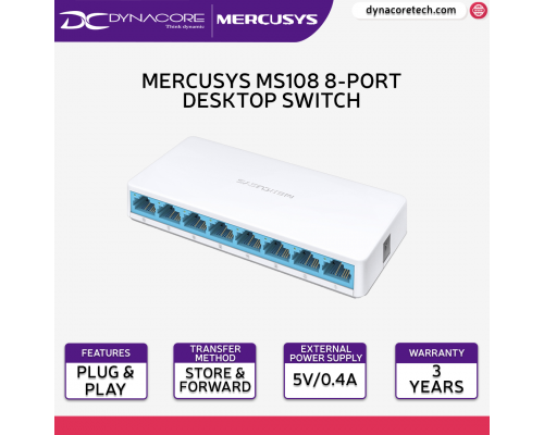 Mercusys MS108 8-Port 10/100Mbps Desktop Switch | RJ45 Ports | auto MDI/MDIX Supported | Plug and Play -6957939000387