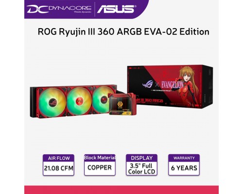ROG Ryujin III 360 ARGB EVA-02 Edition all-in-one liquid CPU cooler with 400mm radiator. Asetek 8th gen pump, 3 120mm fans, and 3.5" color LCD, usable with Intel LGA 1700, 115x, 1200 & AM4, AM5 socket - 4711387236963