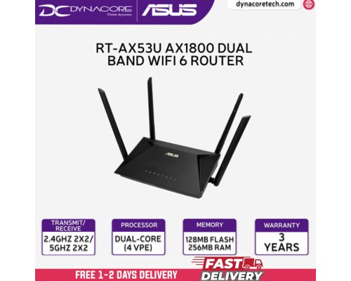 ["FREE DELIVERY"] - ASUS RT-AX53U AX1800 Dual Band WiFi 6 (802.11ax) Router supporting MU-MIMO and OFDMA technology, with AiProtection Classic network security powered by Trend Micro™ -4711081099239
