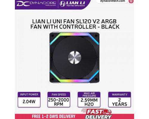 ["FREE DELIVERY"] - LIAN LI UNI FAN SL120 V2 - ARGB 120MM Fan With Controller BLACK (1-Pack) DAISY CHAIN - 4718466012531