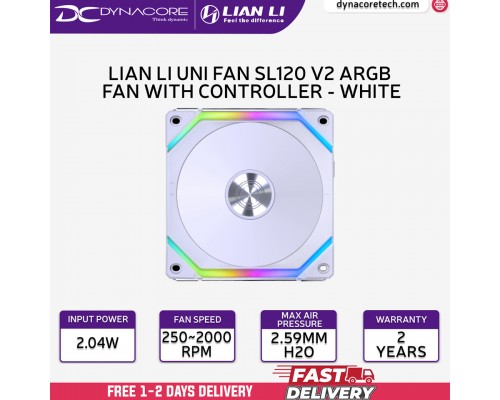 ["FREE DELIVERY"] - LIAN LI UNI FAN SL120 V2 - ARGB 120MM Fan With Controller WHITE (1-Pack) DAISY CHAIN - 4718466012548