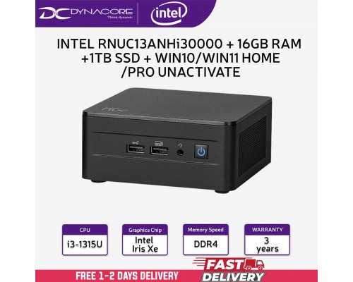 ["FREE DELIVERY"] - INTEL RNUC13ANHi30000 NUC 13 PRO KIT (i3-1315U / DDR4 / IRIS Xe / NO CORD)+ 16GB RAM +1TB SSD + WIN10/WIN11 HOME/PRO UNACTIVATE 3YEARS WARRANTY NUC13ANHi3 - 5032037267762+16GB+1TB SSD+WIN