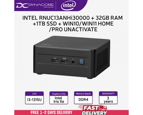 ["FREE DELIVERY"] - INTEL RNUC13ANHi30000 NUC 13 PRO KIT (i3-1315U / DDR4 / IRIS Xe / NO CORD)+ 32GB RAM +1TB SSD + WIN10/WIN11 HOME/PRO UNACTIVATE 3YEARS WARRANTY NUC13ANHi3 - 5032037267762+32GB+1TB SSD+WIN