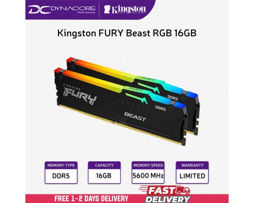 ["FREE DELIVERY"] - Kingston FURY Beast RGB 16GB (2x8GB) 5600MHz DDR5 CL40 DIMM Desktop Memory - Black KF556C40BBAK2-16 - 740617328486