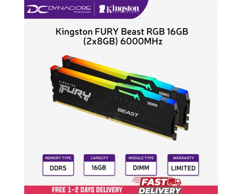 ["FREE DELIVERY"] - Kingston FURY Beast RGB 16GB (2x8GB) 6000MHz DDR5 AMD CL36 Desktop Memory Kit KF560C36BBEAK2-16 Black - 740617331905