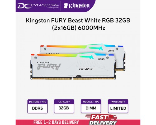 ["FREE DELIVERY"] - Kingston FURY Beast White RGB 32GB (2x16GB) 6000MHz DDR5 CL36 AMD EXPO Desktop Memory Kit - 740617333664
