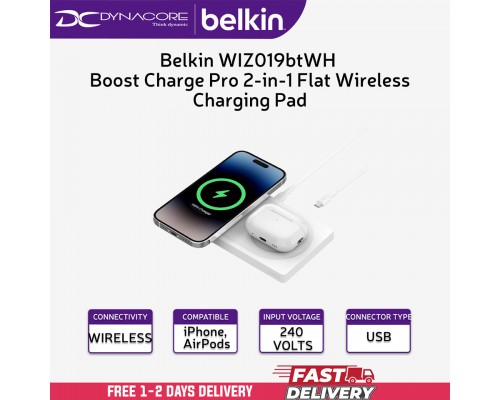 ["FREE DELIVERY"] - Belkin WIZ019btwh Boost Charge Pro 2-in-1 Flat Wireless Charging Pad - White - 745883856282
