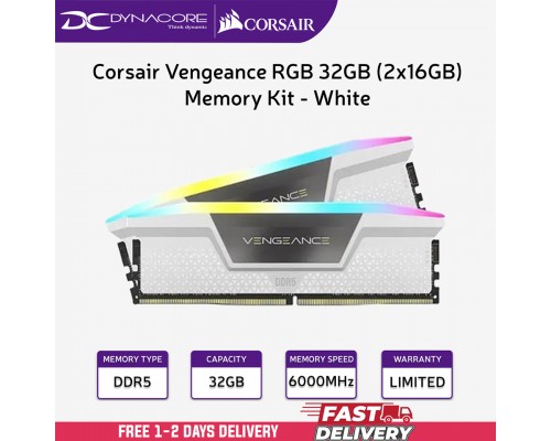 ["FREE DELIVERY"] - Corsair Vengeance RGB 32GB (2x16GB) DDR5 6000MHz CL36 Desktop RAM / Memory Kit - White - 840006674900