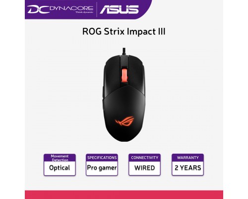 Asus ROG Strix Impact III Gaming Mouse, Semi-Ambidextrous, Wired, Lightweight, 12000 DPI sensor, 5 programmable buttons, Replaceable switches, Paracord cable, FPS gaming mouse, Black - 195553810340