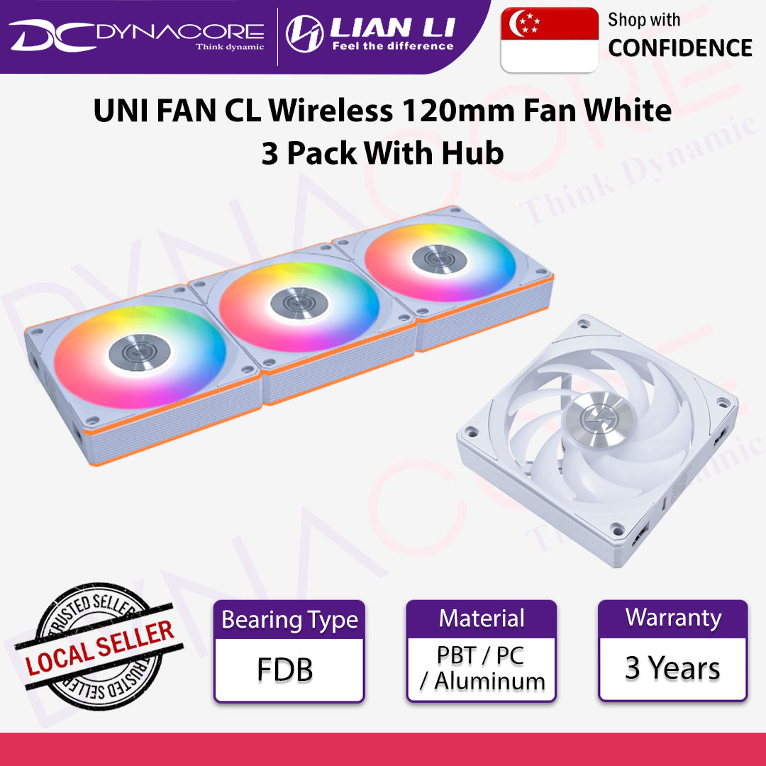 Lian Li UNI FAN CL Wireless 120mm Fan White 3 Pack With Hub - 4718466018540