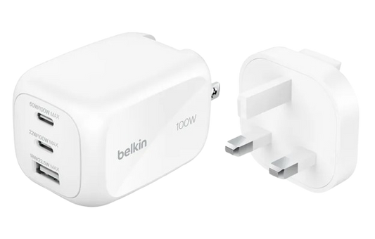 BELKIN 3-PORT GAN WALL CHARGER 100W + INTER TIP - WCH016myWH -745883918331