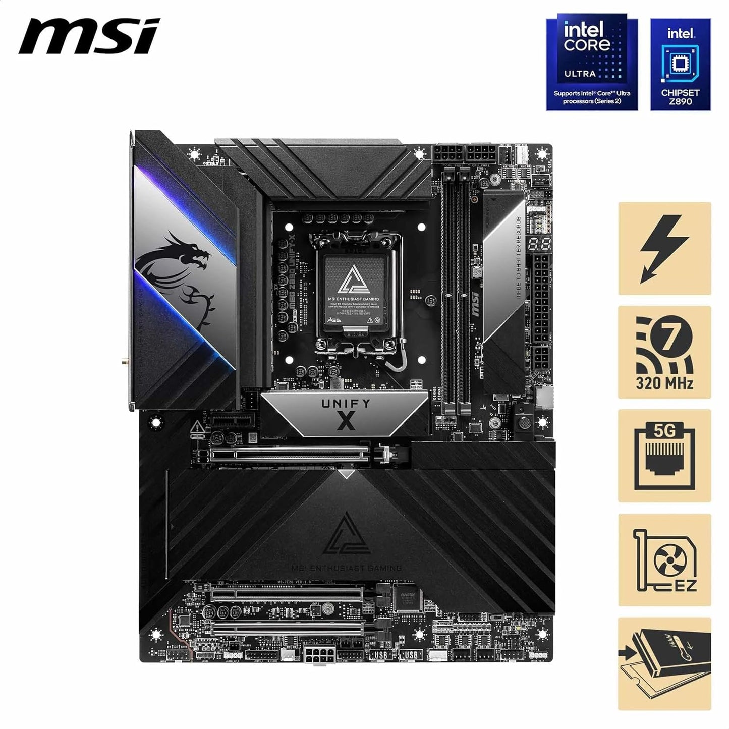 MSI MEG Z890 Unify-X Motherboard, ATX - Supports Intel Core Ultra Processors (Series 2), LGA 1851-110A SPS VRM, DDR5 - MSIMEGZ890UnifyX