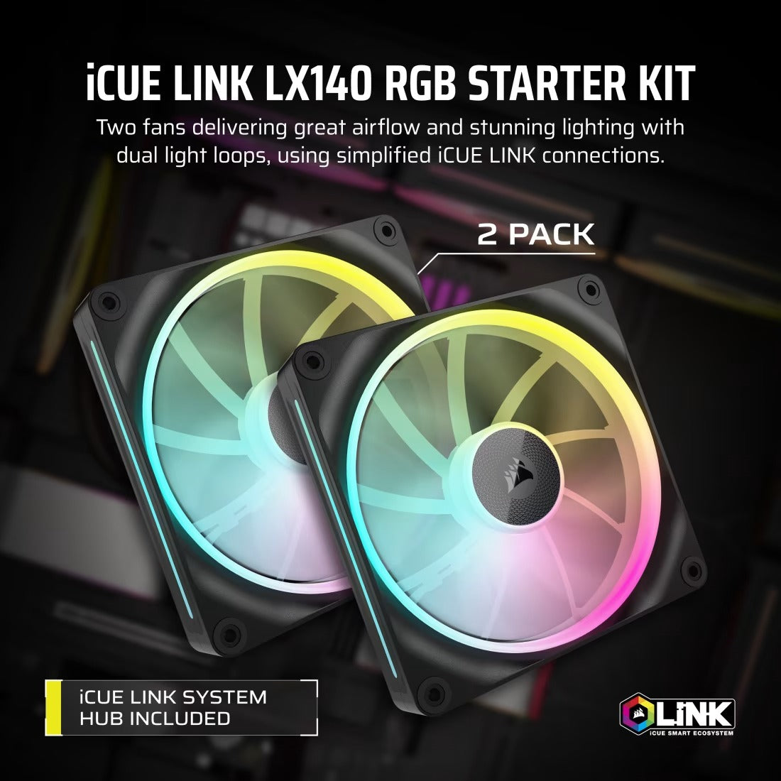 Corsair iCUE LINK LX140 RGB 140mm PWM Fans Dual Pack - Black - 840006682912