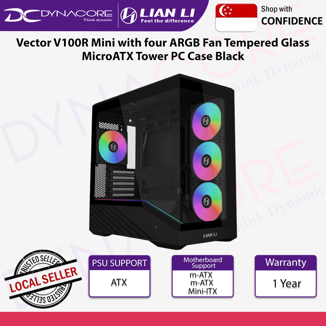 Lian Li Vector V100R Mini with four ARGB Fan Tempered Glass MicroATX Tower PC Case Black - 4718466021885