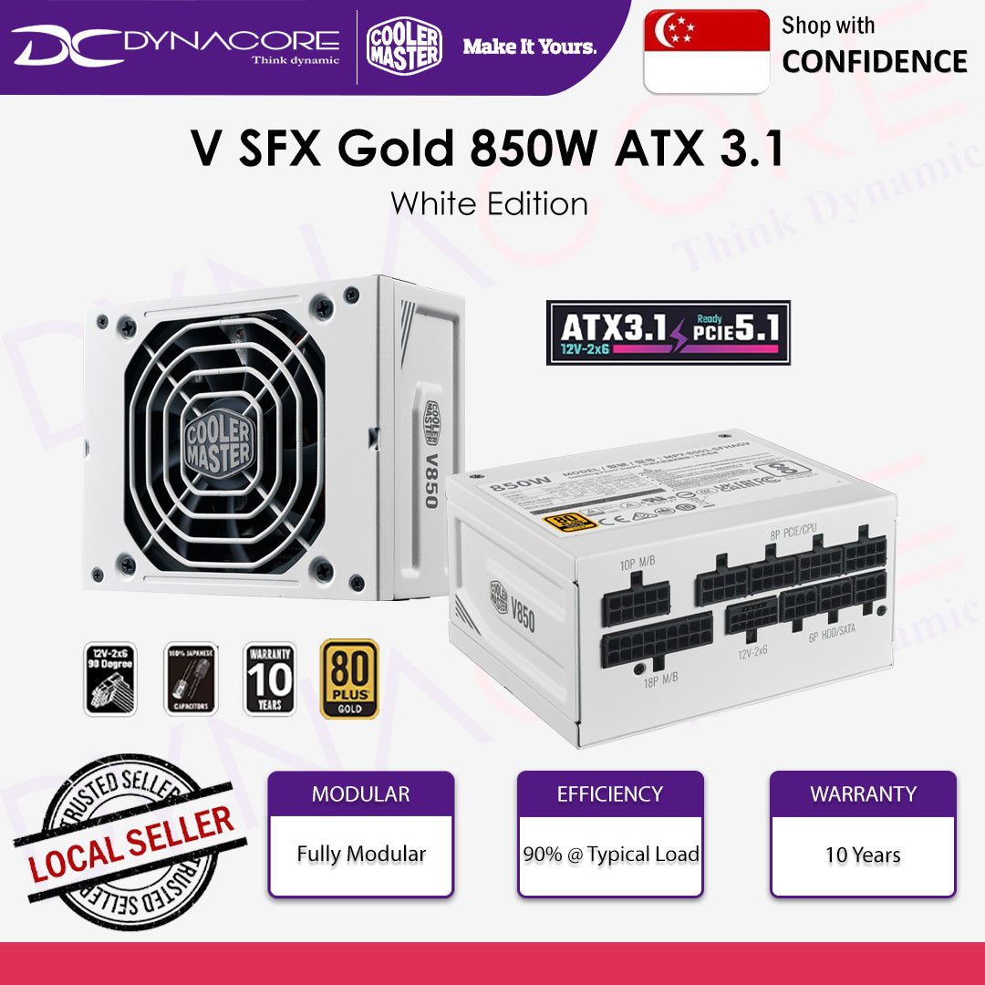 Cooler Master V SFX Gold 850 850W ATX 3.1 Fully Modular White SFX Power Supply MPY-8501-SFHAGV-3EWE - 4719512148495