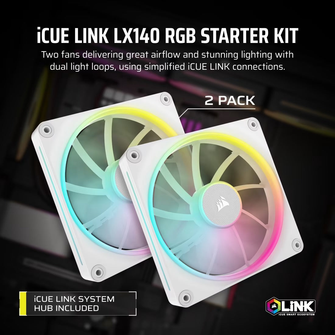 Corsair iCUE LINK LX140 RGB 140mm PWM Fans Dual Pack - White - 840006682950