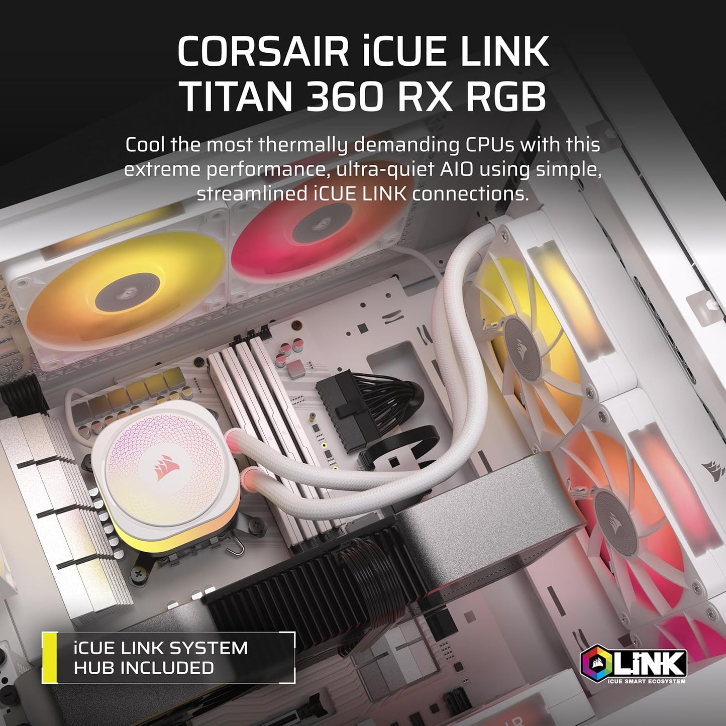 Corsair iCUE LINK TITAN 360 RX RGB AIO Liquid CPU Cooler with RX120 RGB fans - White - 840006685463