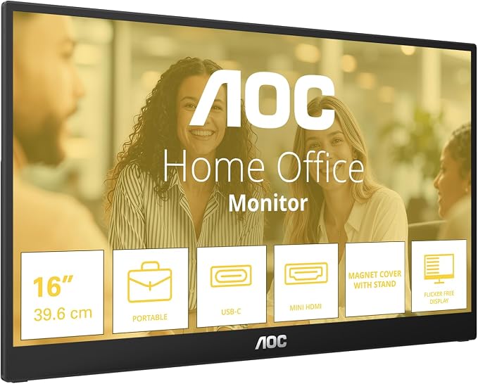 AOC PORTABLE MONITOR 15.6" 16T3FE IPS FHD LED 60HZ USB-C X 2 Mini-HDMI 2.0 SPK Kickstand & Pouch - AOC16T3FE