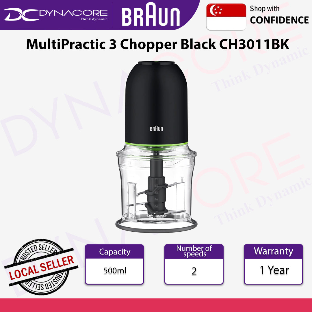 Braun MultiPractic 3 CH3011BK Chopper with 4 Stainless Steel Blades, One Push Function, Ice Chopper, Dishwasher Safe, 500 W, Black - 8021098002709