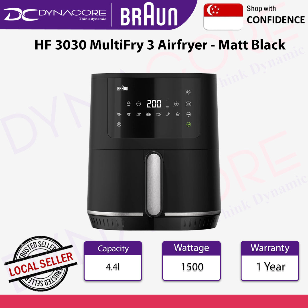 BRAUN MultiFry 3 HF3030 - Air Fryer, 1500W, 4.3L capacity, digital interface with 8 Preset programs, adjustable temperature 80-200 degree, Black - 8021098005052