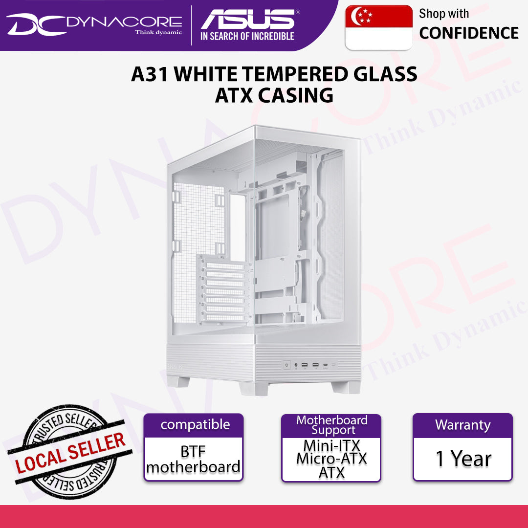ASUS A31 White ATX Tempered Glass Mid-Tower Gaming Case - ASUSA31WHTTG