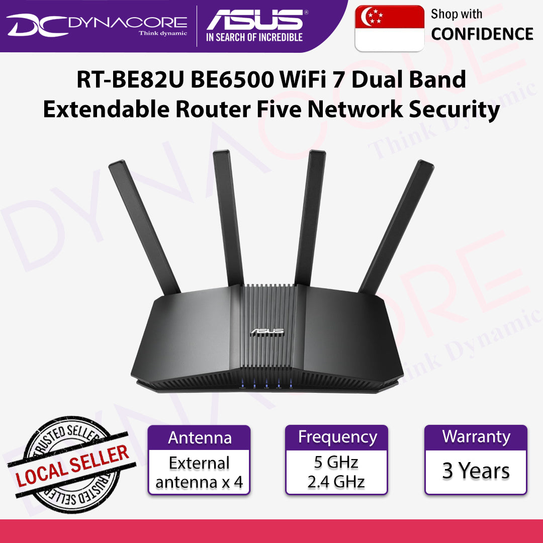 ASUS RT-BE82U BE6500 WiFi 7 Dual Band Extendable Router Five 2.5GbE ports Commercial Grade Network Security - 4711387828816