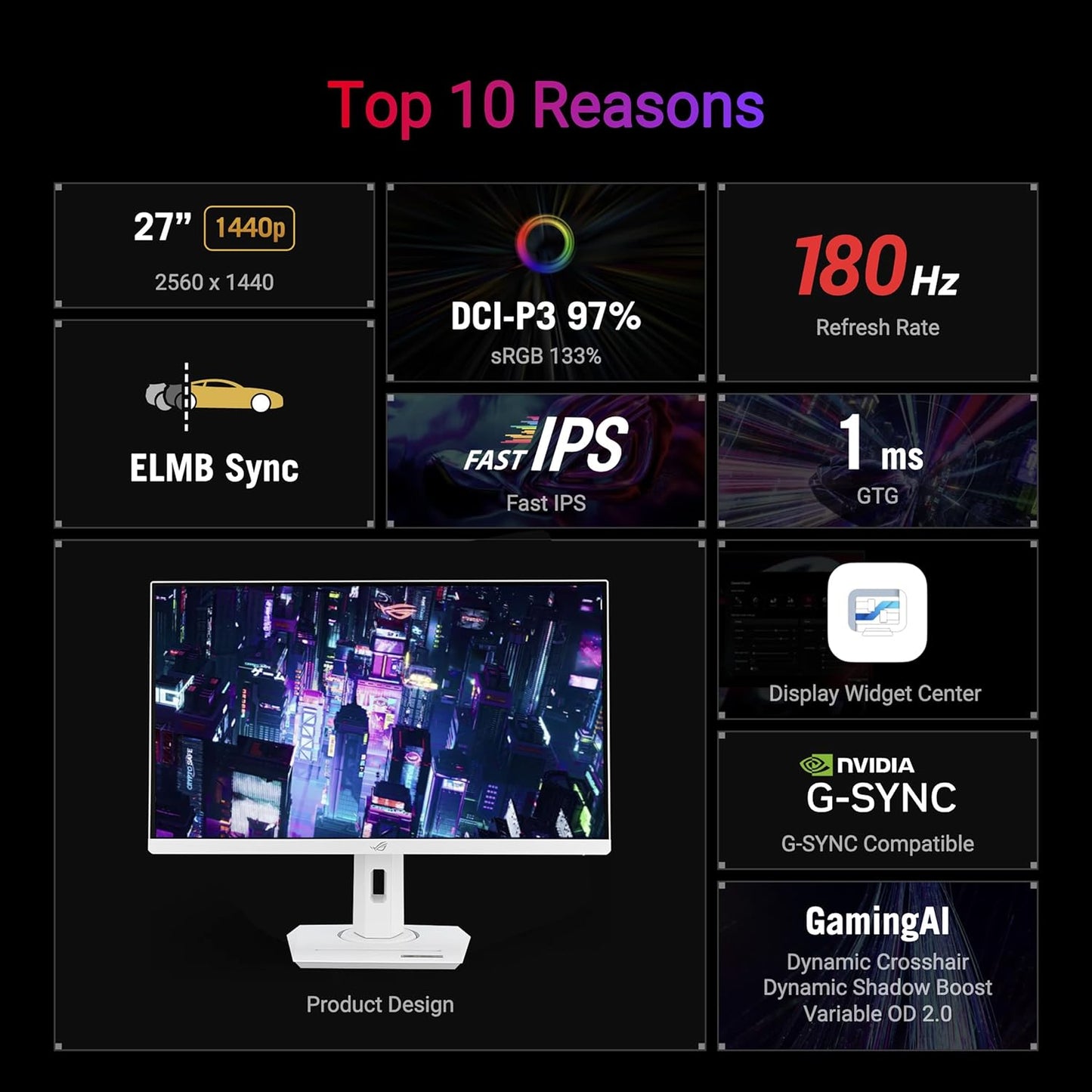 Asus ROG Strix XG27ACS 27-inch USB Type-C Gaming Monitor – 2560x1440, 180Hz, 1ms,G-Sync compatible - ASUSXG27ACS-W