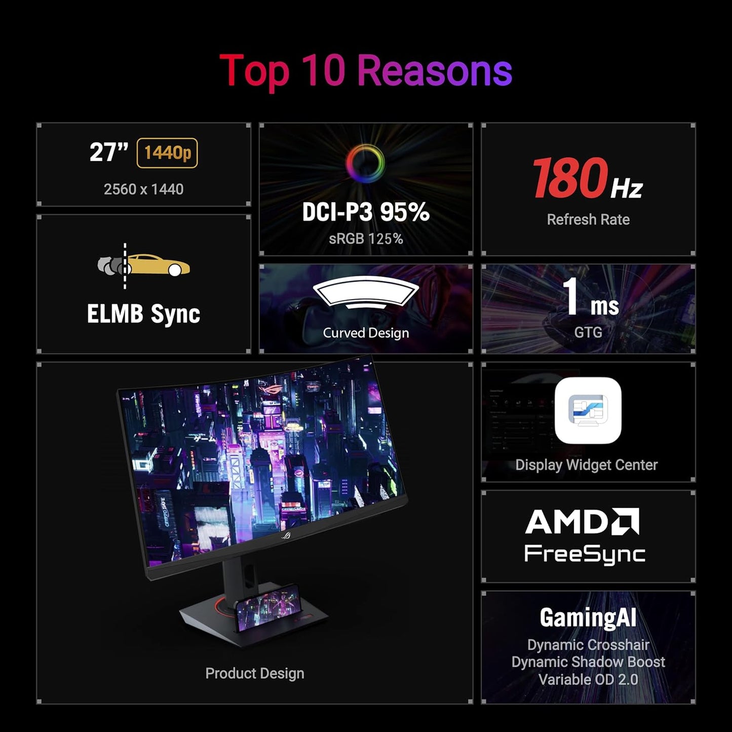 ASUS ROG Strix XG27WCS Curved Gaming Monitor - 27", 2K QHD, 180Hz, 1ms (GTG), Fast VA, FreeSync, USB-C, HDR10 - ASUSXG27WCS
