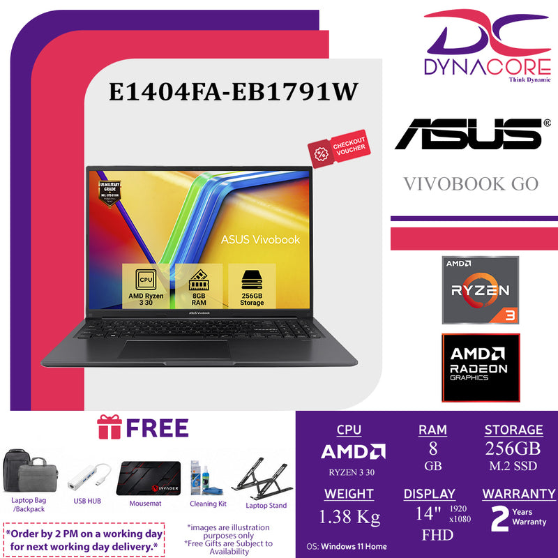 ASUS VIVOBOOK GO E1404FA-EB1791W (RYZEN 3 30 4CORE/8GB LP-RAM/256GB/14'FHD/WIN11H) - E1404FA-EB1791W